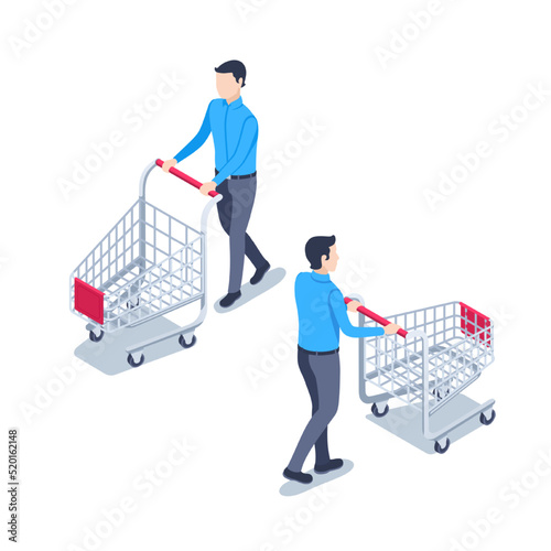 isometric vector illustration isolated on white background, back and front view man with shopping cart, shopping or attraction