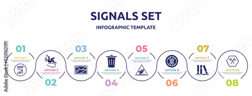 signals set concept infographic design template. included keep left, slip, navigator, trash, wet floot, wheel vehicle part, three books, bifurcation icons and 8 option or steps.