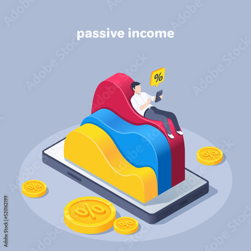 isometric vector illustration on a gray background, passive income, a man lies on a wavy chart with a smartphone and lying gold coins with a percentage icon