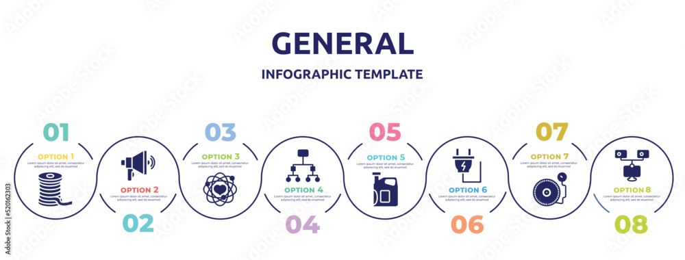 general concept infographic design template. included filament, advertising agency, core values, information architecture, engine oil, electric plug, inflate tire, bpm icons and 8 option or steps.