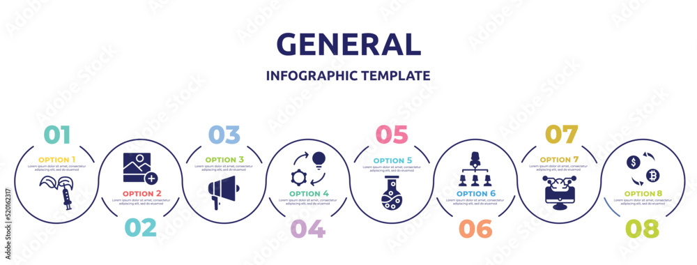 general concept infographic design template. included gmo, add photos, agitation, implementation, chemical lab, hr strategy, computing technology, crypto-exchange icons and 8 option or steps.