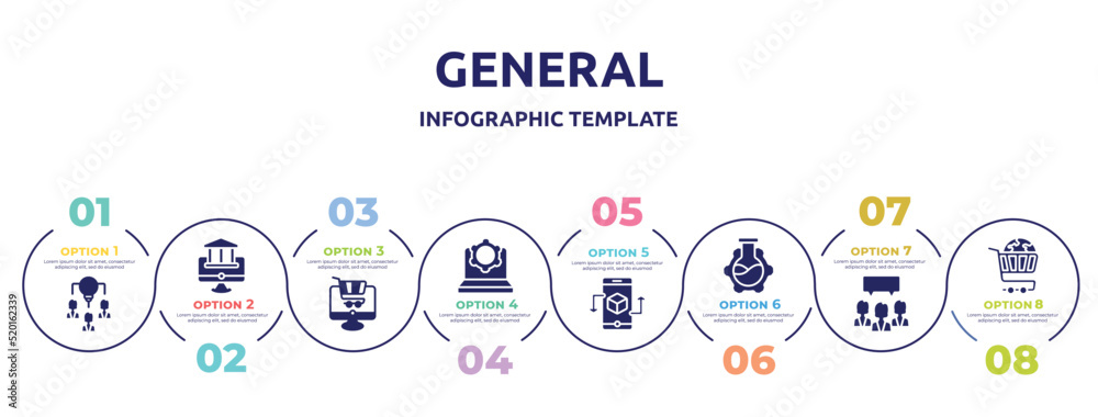 general concept infographic design template. included collaborative idea, digital banking, ecommerce platform, information technology, ar app, bioengineering, group opinion, ecommerce solutions