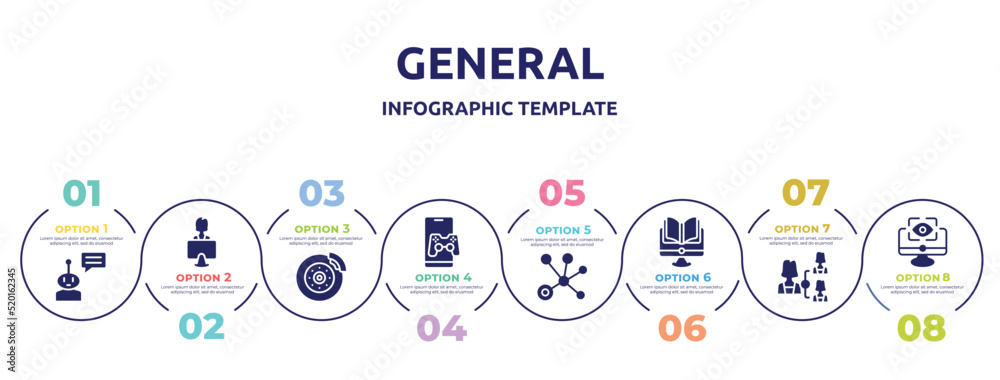 general concept infographic design template. included chat bot, coworking, disk brake, in-game advertising, advertising networks, distance learning, hr planning, computer vision icons and 8 option general concept infographic design template. included chat bot, coworking, disk brake, in-game advertising, advertising networks, distance learning, hr planning, computer vision icons and 8 option