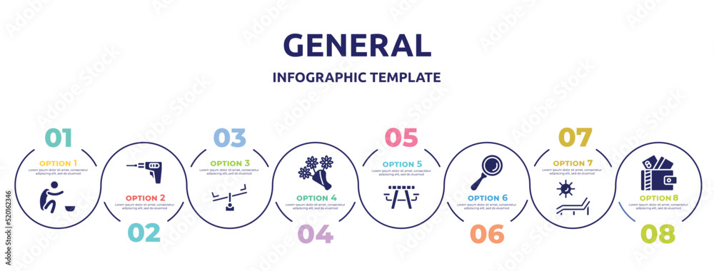 general concept infographic design template. included poor, perforator, balancer, daisy bouquet, picnic table with basket, magnifiying glass, deck chair under the sun, card wallet icons and 8 option general concept infographic design template. included poor, perforator, balancer, daisy bouquet, picnic table with basket, magnifiying glass, deck chair under the sun, card wallet icons and 8 option