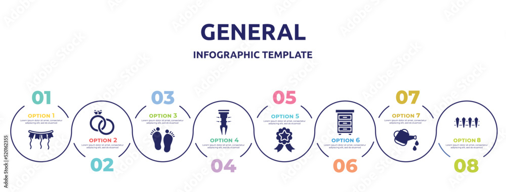 general concept infographic design template. included party decoration, interlocking rings, steps, dyupel, winning, office cabinet, watering can with water drops, wooden fence icons and 8 option or