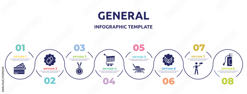 general concept infographic design template. included credit cards, save water badge, win, shopping trolley, deckchair, go green badge, leader with loudspeaker, fire estinguisher icons and 8 option general concept infographic design template. included credit cards, save water badge, win, shopping trolley, deckchair, go green badge, leader with loudspeaker, fire estinguisher icons and 8 option