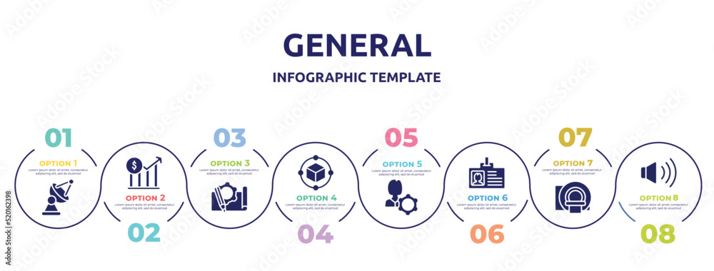general concept infographic design template. included satellite antenna, stock prices, prototyping, model preparation, user behavior, user data, mri scanner, sound control icons and 8 option or general concept infographic design template. included satellite antenna, stock prices, prototyping, model preparation, user behavior, user data, mri scanner, sound control icons and 8 option or