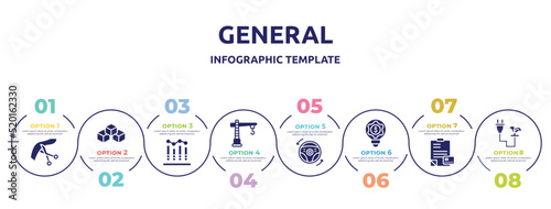 general concept infographic design template. included inauguration, ar platform, business performance, construction crane, autopilot, fintech innovation, credit report, biomass energy icons and 8