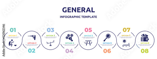 general concept infographic design template. included poor, perforator, balancer, daisy bouquet, picnic table with basket, magnifiying glass, deck chair under the sun, card wallet icons and 8 option