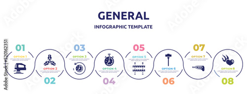 general concept infographic design template. included fretsaw, mistletoe leaves, rewind time, analog stopwatch, traffic barriers, sledgehammer, stationery knife, heart in flames icons and 8 option