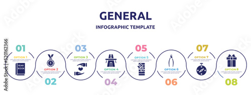 general concept infographic design template. included yearbook, number one medal, heart between hands, bridge on avenue perspective, birthday present, nippers, compass pointing south east, gift box