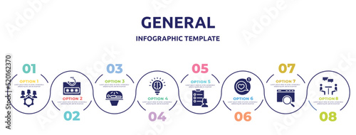 general concept infographic design template. included project team, password phishing, solarium, invention, profile list, message app, sem, job interview icons and 8 option or steps.