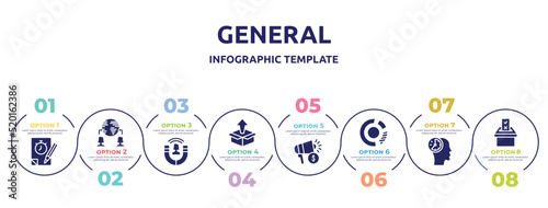 general concept infographic design template. included quiz, outsourcing, user engagement, product release, marketing budget, market share, patience, referendum icons and 8 option or steps.
