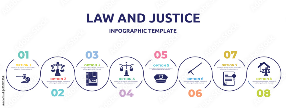 law and justice concept infographic design template. included veredict, law balance, law book, justice scale, police cap, baton, policy, real estate icons and 8 option or steps.