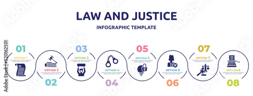 law and justice concept infographic design template. included scroll with law, employment law, civil rights, criminal intellectual property, attorney, and justice, stenographer icons and 8 option or