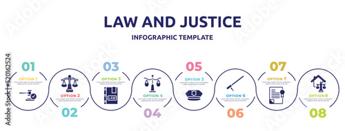 law and justice concept infographic design template. included veredict, law balance, law book, justice scale, police cap, baton, policy, real estate icons and 8 option or steps.