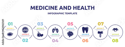 medicine and health concept infographic design template. included eye with lashes, life, healthy food for heart health care, lungs with the trachea, brain body organ, tooth, dentist tooth with