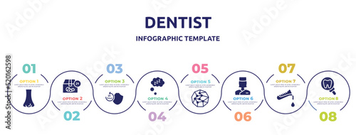 dentist concept infographic design template. included e, 24 hours drugs delivery, 24 hours medical assistance, zzz sleep, spheres connected by, medical doctor specialist, test tube, flask and drop