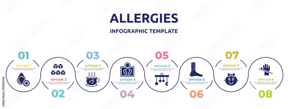 allergies concept infographic design template. included platelet, sugar cube, herbal tea, body weight, crib mobile, urticaria, baby girl, latex icons and 8 option or steps.