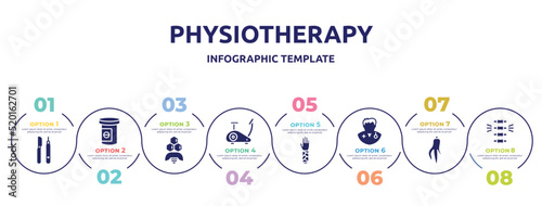 physiotherapy concept infographic design template. included instruments, antidepressants, apitherapy, stationary bike, splint, doctors, ginseng, chiropractic icons and 8 option or steps.
