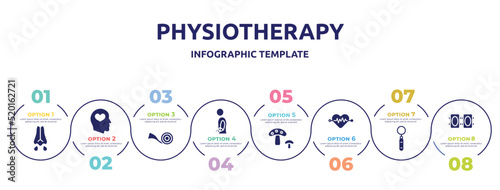 physiotherapy concept infographic design template. included mucus, mental health, medical tape, injury, fungi, cardiology, mouth mirror, knee pad icons and 8 option or steps.