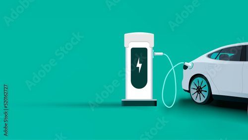 Electric car charging background. Electronic vehicle power dock. EV Plugin station. Fuel recharge cells. Green color vector illustration.