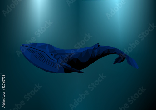 Blue whale in deep sea. Sea fish mosaic drawing. Polygon ocean mammal. Dark bottom marine creature. Vector illustration.