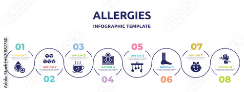 allergies concept infographic design template. included platelet, sugar cube, herbal tea, body weight, crib mobile, urticaria, baby girl, latex icons and 8 option or steps.
