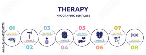 therapy concept infographic design template. included conjunctivitis, reflex hammer, essential oils, allergy, donator, tongue, blood pressure meter, genes icons and 8 option or steps.