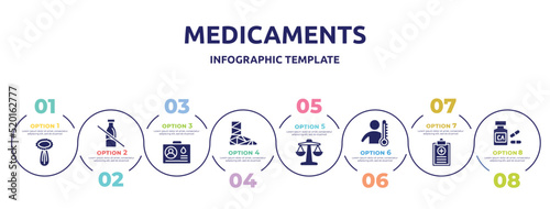 medicaments concept infographic design template. included celery, lactose intolerant, blood donor card, cast, weigh scale, fever, health report, calcium icons and 8 option or steps.