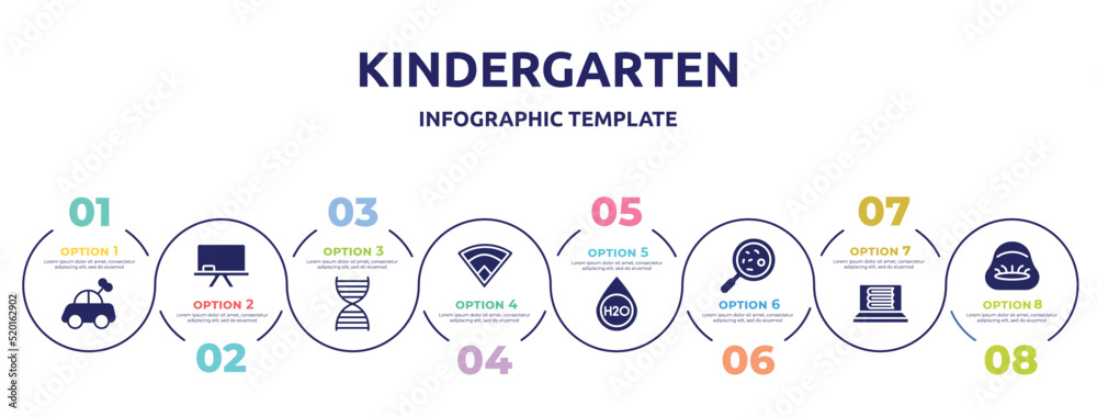 kindergarten concept infographic design template. included toy car, chalkboard, dna structure, baseball field, h2o, microorganism, e-learning, beanbag icons and 8 option or steps. kindergarten concept infographic design template. included toy car, chalkboard, dna structure, baseball field, h2o, microorganism, e-learning, beanbag icons and 8 option or steps.