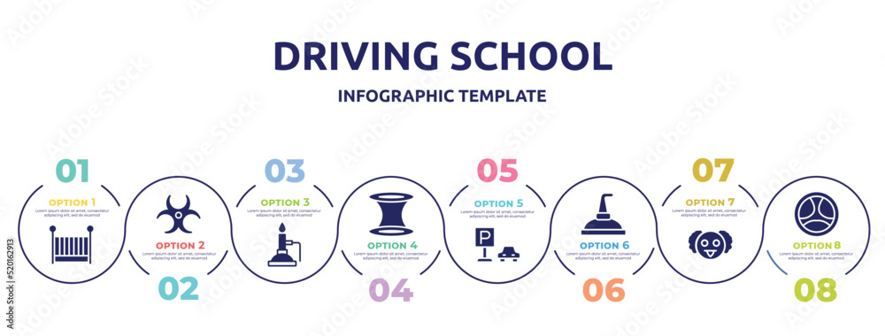 driving school concept infographic design template. included cradle, hazard, bunsen burner, wormhole, car park, still, professor, driving icons and 8 option or steps. driving school concept infographic design template. included cradle, hazard, bunsen burner, wormhole, car park, still, professor, driving icons and 8 option or steps.