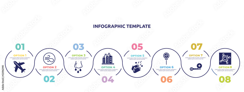 concept infographic design template. included airplane, air, runny e, city, washing hands, loupe, high temperature, pandemic icons and 8 option or steps.