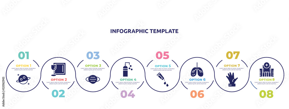 concept infographic design template. included planet, tableware, mask, disinfectant, gel, lungs, hand, hospital icons and 8 option or steps.