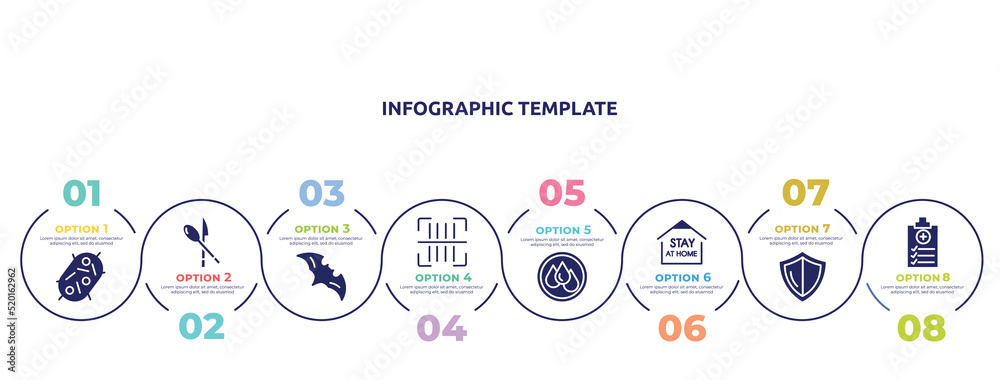 concept infographic design template. included bacteria, cutlery, bat, scan, wet, stay home, shield, medical report icons and 8 option or steps.