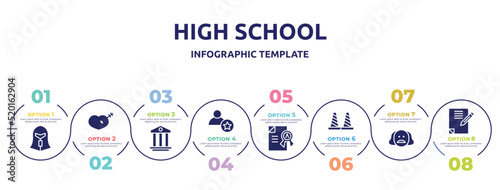 high school concept infographic design template. included spartan, treason, pillars, novice, grade, bollards, shakespeare, homework icons and 8 option or steps.