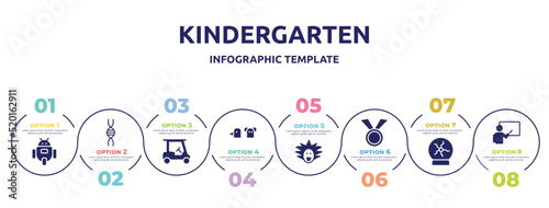 kindergarten concept infographic design template. included , genetic, golf cart, hand puppet, einstein, medals, plasma ball, educator icons and 8 option or steps.