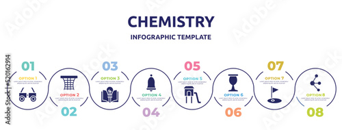 chemistry concept infographic design template. included testing glasses, basketball gear, theory, school alarm, children park, sports and competition, golf field, molecules icons and 8 option or