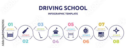 driving school concept infographic design template. included crib, baseball bat, hockey stick, sandbox, finish, automatic, pitch, roundabout icons and 8 option or steps.