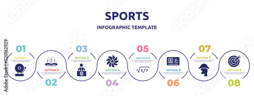 sports concept infographic design template. included school bell, tale, x ray, whirligig, equation, driving license, sherlock holmes, dart icons and 8 option or steps.