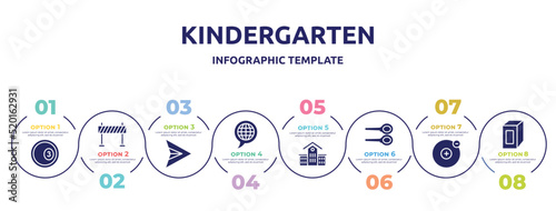 kindergarten concept infographic design template. included ball pool, traffic barrier, paper airplane, languages, kindergarten, badminton, electron, juice box icons and 8 option or steps.