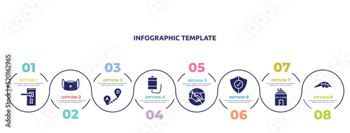 concept infographic design template. included doorknob, medical mask, long distance, blood bag, no handshake, protection, stayhome, pangolin icons and 8 option or steps.