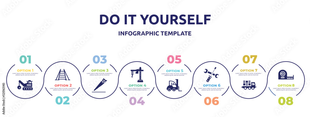 do it yourself concept infographic design template. included derrick with ball, double ladder, wood saw, construction crane hine, loader facing left, screwdriver and doble wrench, truck with load, do it yourself concept infographic design template. included derrick with ball, double ladder, wood saw, construction crane hine, loader facing left, screwdriver and doble wrench, truck with load,