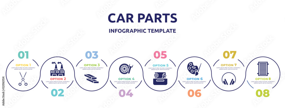 car parts concept infographic design template. included shears, wastes, firewood trunks stacked, winter tires, wrench and nut, pallete, ear protection, air filter icons and 8 option or steps.