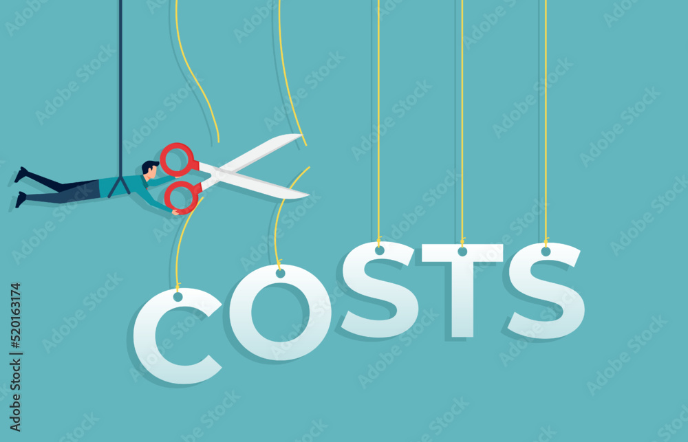 Costs cut concept design. Businessman cutting cost word with scissor
