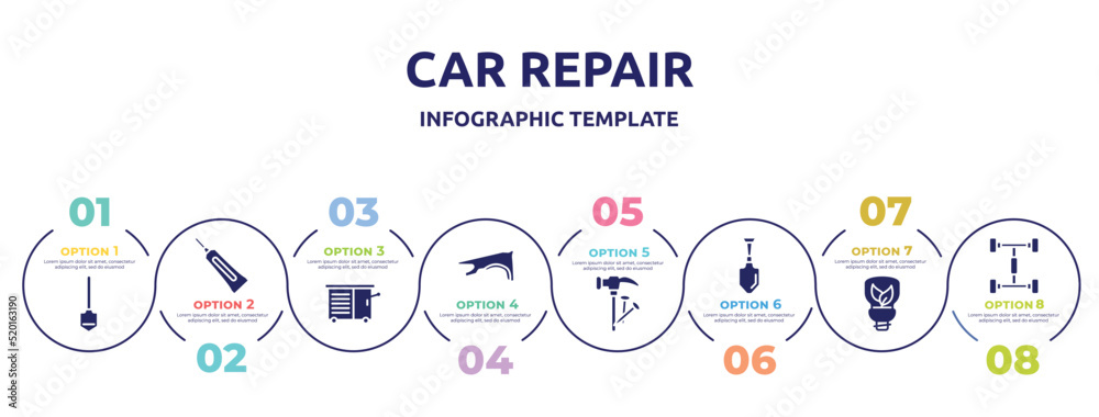 car repair concept infographic design template. included working shovel, caulk, vise, fender, hammer and nail, gardening palette, ecologic light bulb, chassis icons and 8 option or steps. car repair concept infographic design template. included working shovel, caulk, vise, fender, hammer and nail, gardening palette, ecologic light bulb, chassis icons and 8 option or steps.