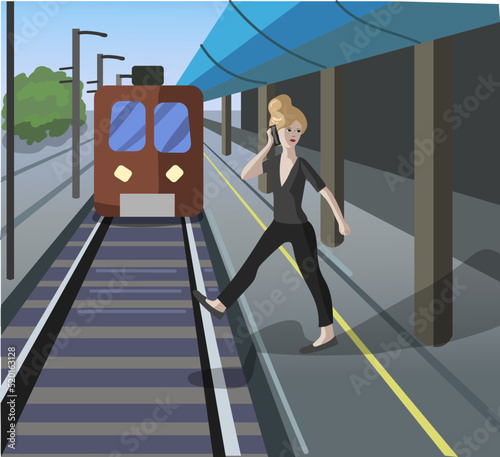 Beware of trains, do not cross the line. Woman is talking on phone and doesn't see the train