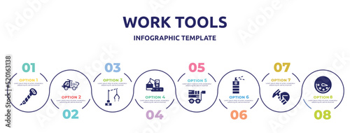work tools concept infographic design template. included screw hand drawn tool, construction materials transport, backhoes, derrick with boxes, trolley with cargo, paint spray can, hammer in hand,