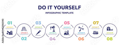 do it yourself concept infographic design template. included derrick with ball, double ladder, wood saw, construction crane hine, loader facing left, screwdriver and doble wrench, truck with load,