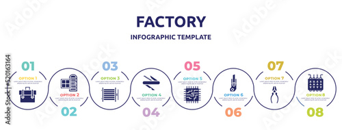 factory concept infographic design template. included businessman portfolio, door and window, condenser, swiss knife, motherboard, carpenter cutter, repair pliers, fuse box icons and 8 option or